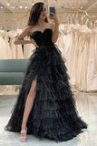 Trendy A Line Sweetheart Black Corset Formal Dress with Ruffles