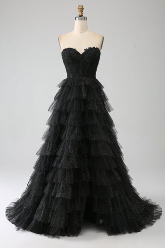 Glitter Sweetheart Black Corset Formal Dress with Slit
