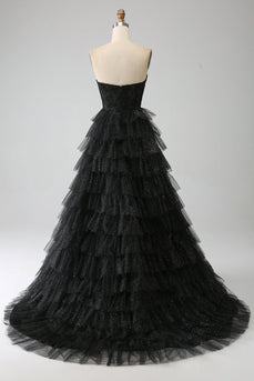 Glitter Sweetheart Black Corset Formal Dress with Slit