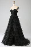 Glitter Sweetheart Black Corset Formal Dress with Slit