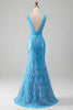 Load image into Gallery viewer, Sparkly Blue Mermaid V-Neck Long Formal Dress With Slit