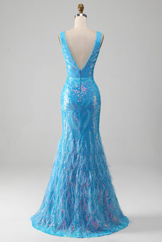 Sparkly Blue Mermaid V-Neck Long Formal Dress With Slit