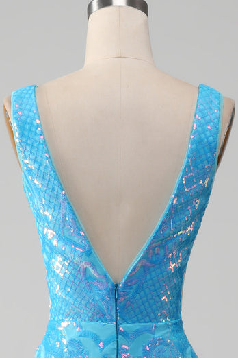 Sparkly Blue Mermaid V-Neck Long Formal Dress With Slit
