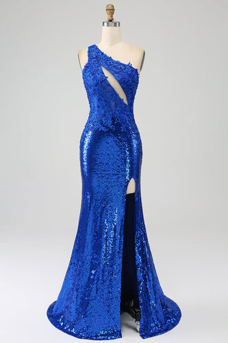 One Shoulder Royal Blue Mermaid Formal Dress with Slit