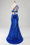 One Shoulder Royal Blue Mermaid Formal Dress with Slit