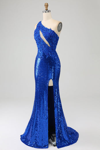 One Shoulder Royal Blue Mermaid Formal Dress with Slit