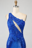 One Shoulder Royal Blue Mermaid Formal Dress with Slit