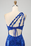 One Shoulder Royal Blue Mermaid Formal Dress with Slit