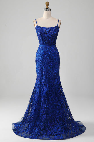 Sparkly Royal Blue Mermaid Spaghetti Straps Long Formal Dress With Appliques