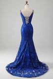 Sparkly Royal Blue Mermaid Spaghetti Straps Long Formal Dress With Appliques