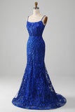 Sparkly Royal Blue Mermaid Spaghetti Straps Long Formal Dress With Appliques