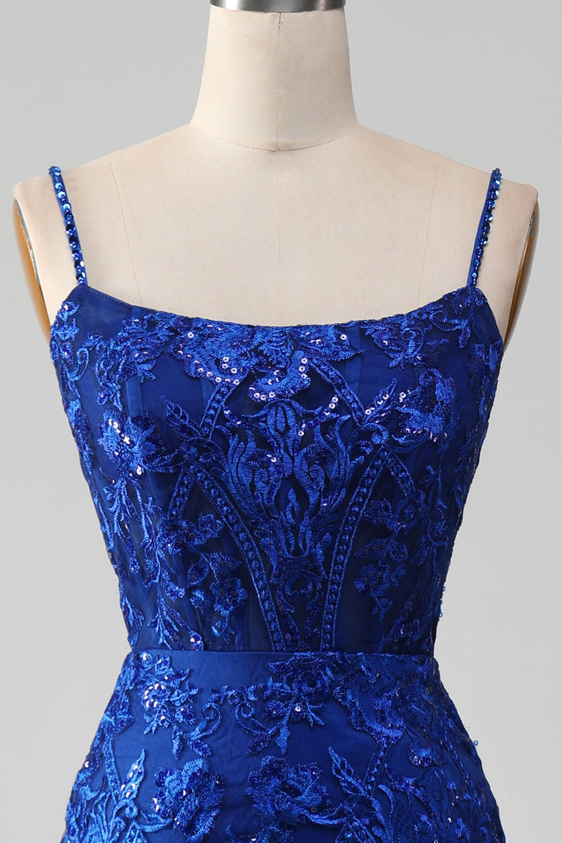 Load image into Gallery viewer, Sparkly Royal Blue Mermaid Spaghetti Straps Long Formal Dress With Appliques