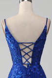 Sparkly Royal Blue Mermaid Spaghetti Straps Long Formal Dress With Appliques