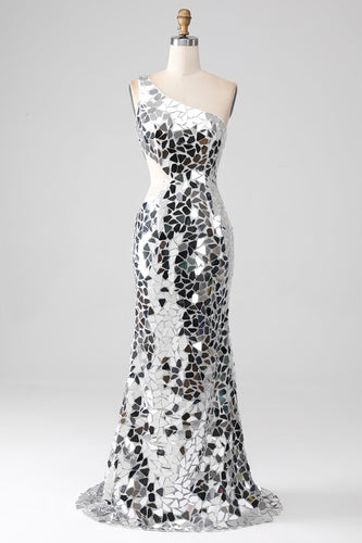 Silver Mirror Sequins One Shoulder Formal Dress with Hollow-out