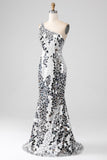 Silver Mirror Sequins One Shoulder Formal Dress with Hollow-out