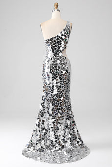 Silver Mirror Sequins One Shoulder Formal Dress with Hollow-out