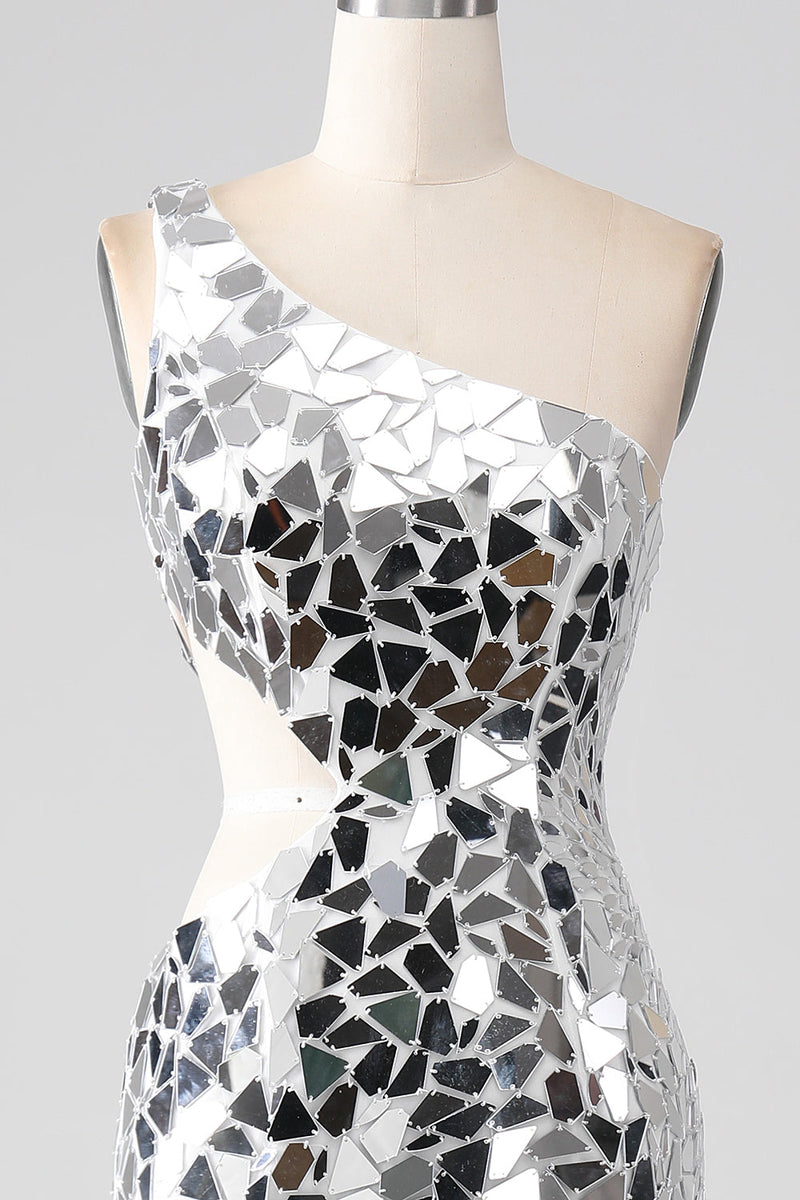 Load image into Gallery viewer, Silver Mirror Sequins One Shoulder Formal Dress with Hollow-out