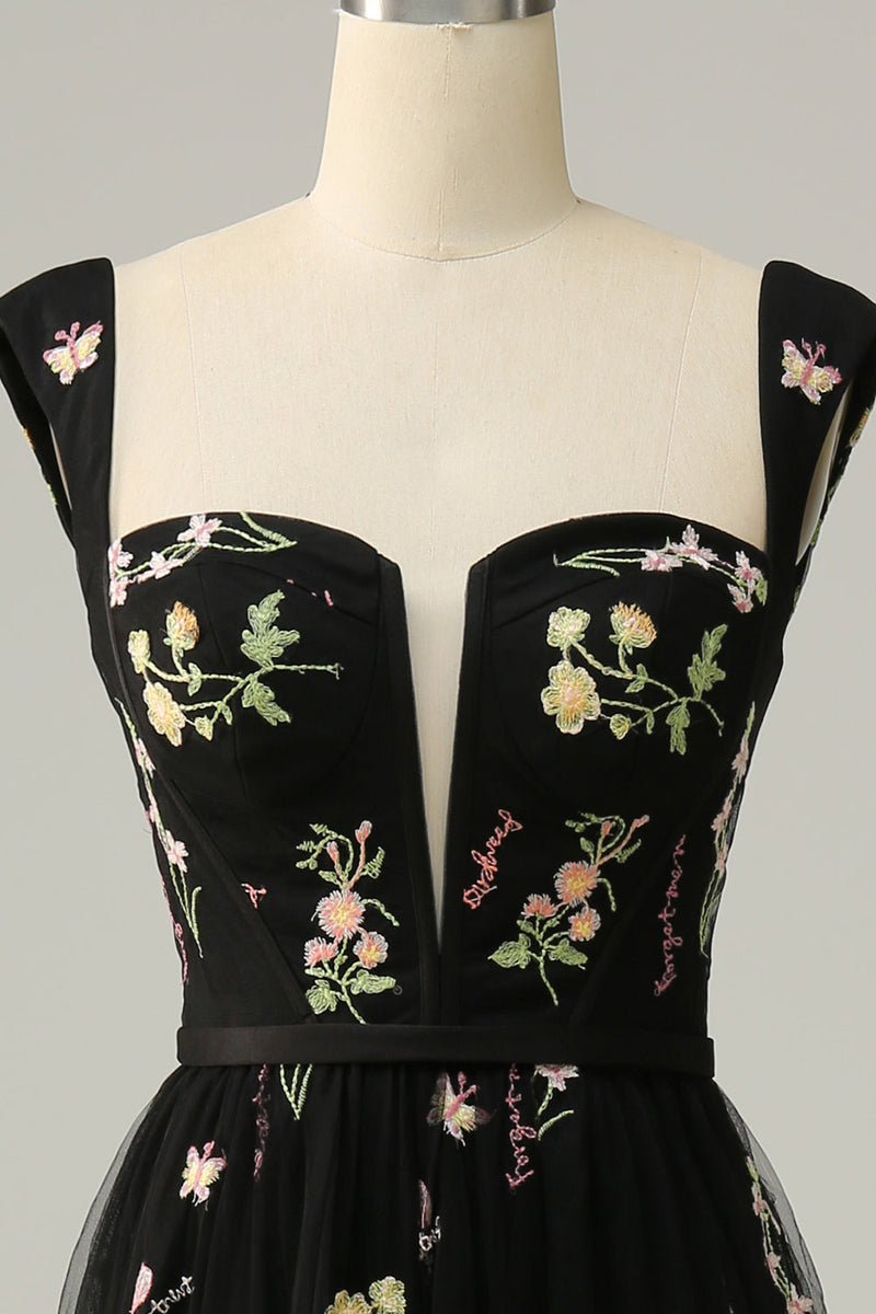 Load image into Gallery viewer, A Line Sweetheart Black Long Formal Dress with Embroidery
