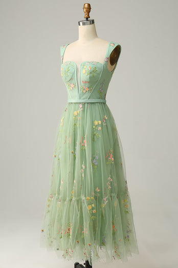 A Line Sweetheart Green Long Formal Dress with Embroidery