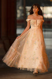 Champagne A Line Sweetheart  Long Formal Dresses with Embroidery