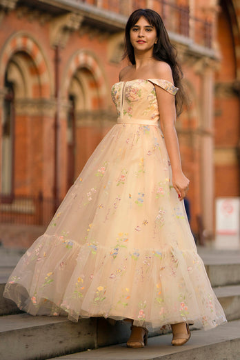Champagne A Line Sweetheart  Long Formal Dresses with Embroidery