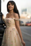 Champagne A Line Sweetheart  Long Formal Dresses with Embroidery