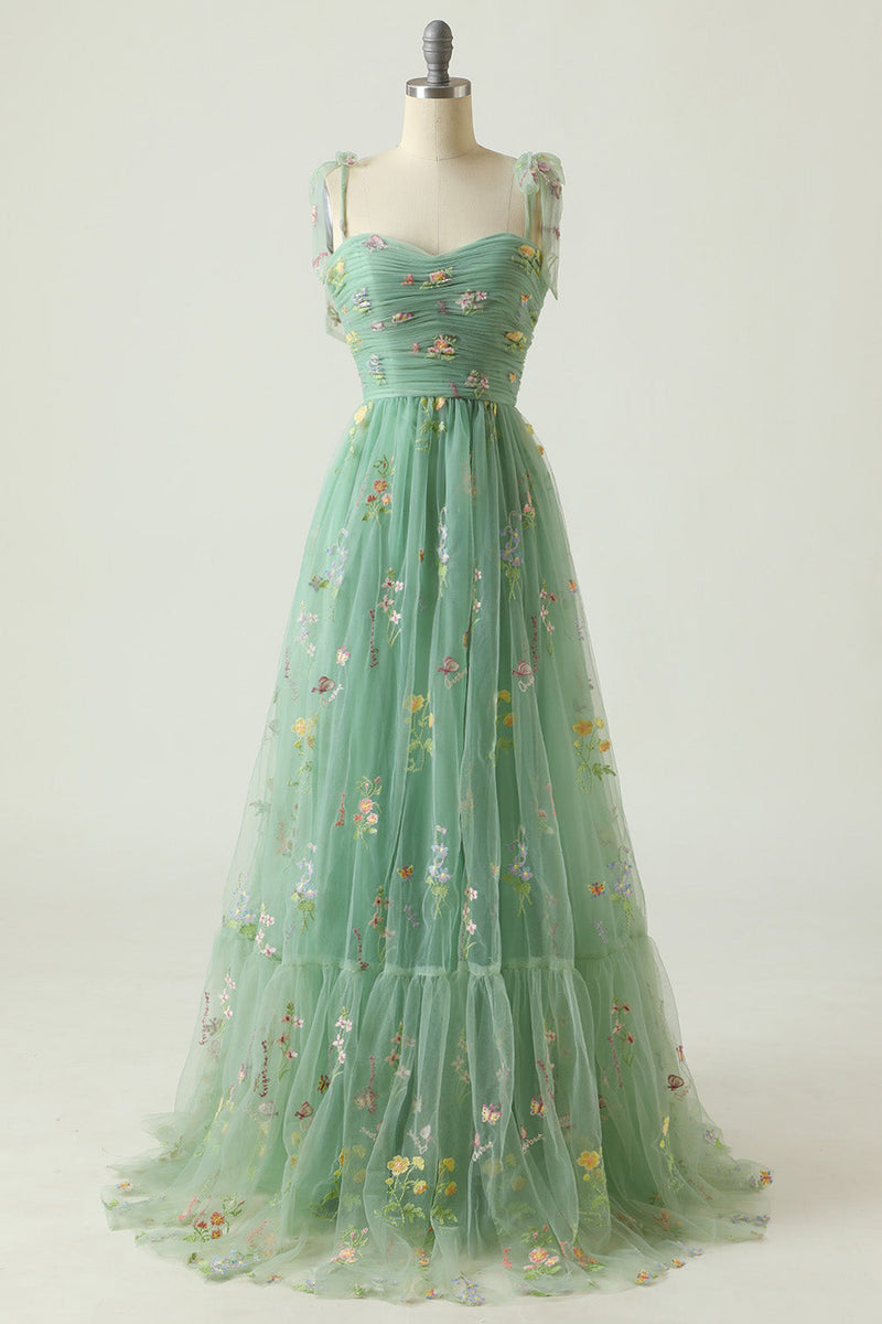 Load image into Gallery viewer, Green Long Formal Dress With Embroidery