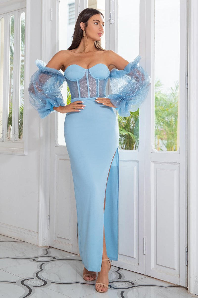 Load image into Gallery viewer, Sheath Off the Shoulder Sky Blue Formal Dress Long Sleeves