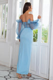 Sheath Off the Shoulder Sky Blue Formal Dress Long Sleeves