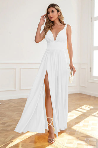 Simple A-Line Chiffon Little White Dress With Slit