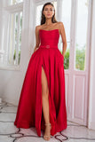 A Line Strapless Red Long Formal Dress with Split Front