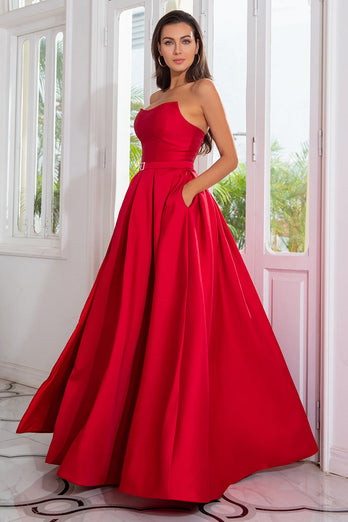 A Line Strapless Red Long Formal Dress with Split Front