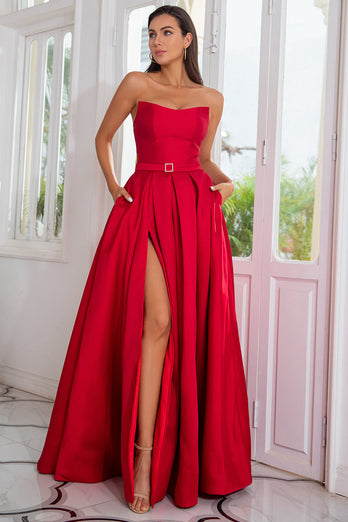 A Line Strapless Red Long Formal Dress with Split Front