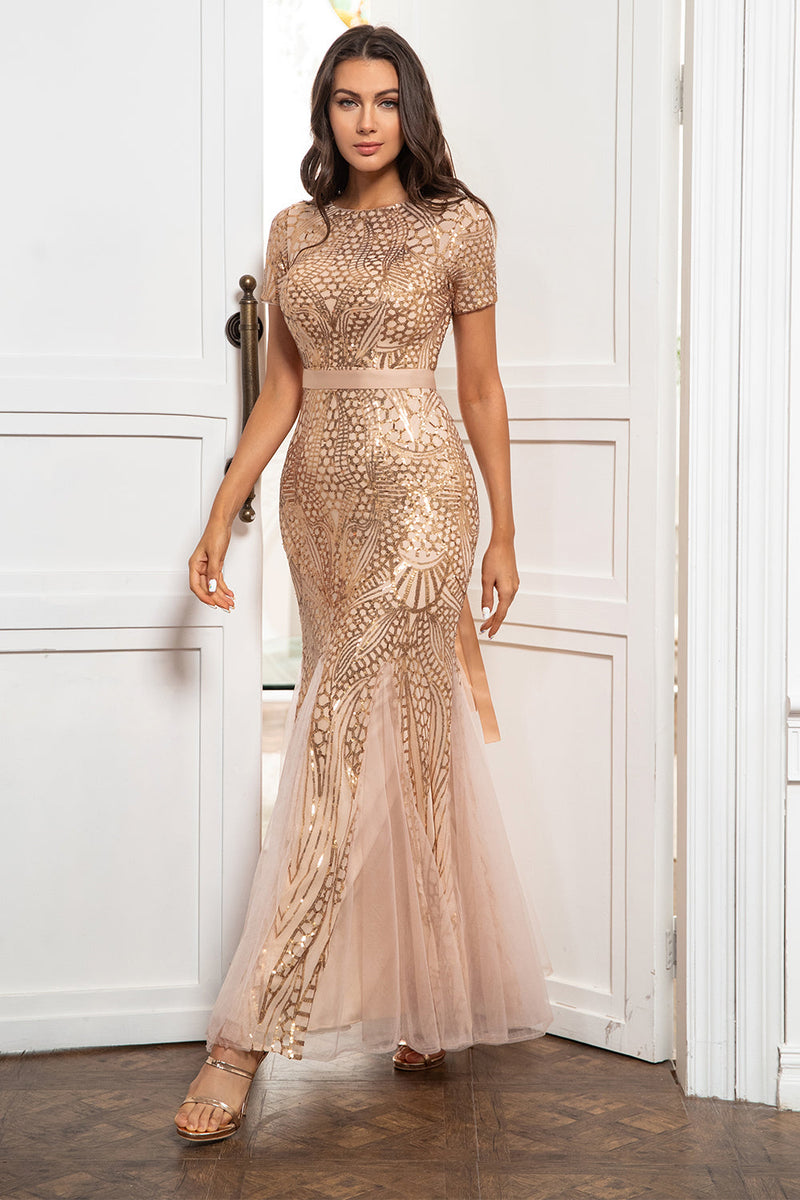 Load image into Gallery viewer, Champagne Sequins Mother of the Bride Dress