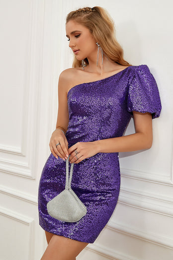 Purple One Shoulder Puff Sleeves Sequined Short Formal Dress