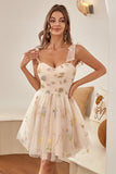 Cute A Line Spaghetti Straps Champagne Cocktail Dress with Embroidery