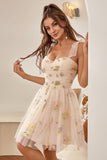 Cute A Line Spaghetti Straps Champagne Cocktail Dress with Embroidery