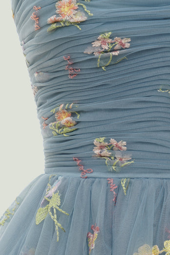 Grey Blue Short A-Line Formal Dress With Embroidery