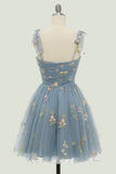 Grey Blue Short A-Line Formal Dress With Embroidery