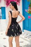 Cute A Line Off the Shoulder Black Corset Short Formal Dress with Embroidery