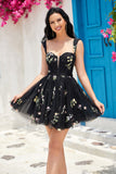 Cute A Line Off the Shoulder Black Corset Short Formal Dress with Embroidery