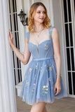 Cute A Line Sweetheart Grey Blue Short Formal Dress with Embroidery