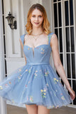 Cute A Line Off the Shoulder Black Corset Short Formal Dress with Embroidery