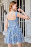 Cute A Line Off the Shoulder Black Corset Short Formal Dress with Embroidery