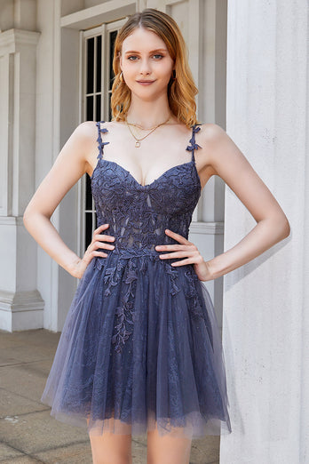 A Line Spaghetti Straps Grey Short Formal Dress with Appliques
