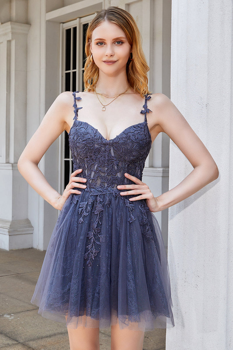 Load image into Gallery viewer, A Line Spaghetti Straps Grey Short Formal Dress with Appliques