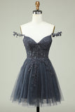 Cute A Line Spaghetti Straps Grey Short Formal Dress with Appliques