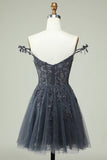 Cute A Line Spaghetti Straps Grey Short Formal Dress with Appliques