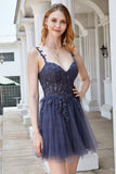 A Line Spaghetti Straps Grey Short Formal Dress with Appliques