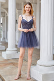 A Line Spaghetti Straps Grey Short Formal Dress with Appliques